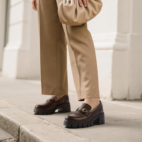 Dream Pairs Women Brown Platform Chunky Heeled Slip On Loafers with Horsebit - Picture 7 of 8